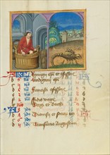 October Calendar Page; Treading Grapes; Scorpio; Book of Hours, early 16th century. Creator: Unknown.