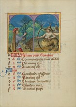 November Calendar Page; Gathering Acorns for Pigs; Sagittarius; Book of Hours, early 16th century. Creator: Unknown.