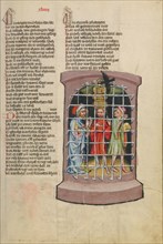 Joseph in Prison with a Butler and a Baker; Weltchronik, about 1400-1410. Creator: Unknown.