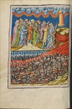 The Crossing of the Red Sea; The Egyptians Engulfed; Weltchronik, about 1400-1410. Creator: Unknown.