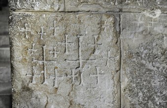 Crusader graffiti on the walls of the stairs leading to the Chapel of Saint Helena. Creator: Unknown.