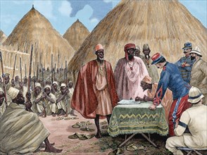 Signing a treaty between French colonists and the heads of the Kingdom of Tamisso, Africa, 1892.  Creator: Unknown.