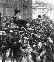 Cheering popular members of the National Assembly in the streets at Bordeaux, 1871. Creator: Joseph Swain.