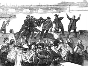 Mob of Paris rioters drowning a police agent, 1871. Creator: Unknown.