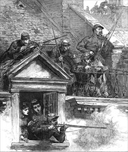 The Fighting in Paris: on the housetops: Faubourg Poissonnière, 1871. Creator: A. H..