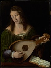 Lady Playing a Lute, about 1530. Creators: Bartolommeo Veneto, Workshop of Bartolomeo Veneto.