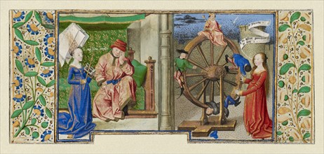 Philosophy Consoling Boethius and Fortune Turning the Wheel, about 1460-1470. Creator: Master of Coetivy.