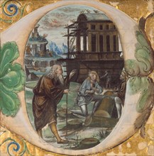 Initial D: Noah Directing the Construction of the Ark; Antiphonal, about 1495-1510. Creator: Master B.F..