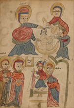 Bathing the Christ Child and The Presentation in the Temple; Gospel Book, 1386. Creator: Unknown.