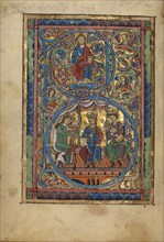 Initial B: Christ in Majesty and David with Musicians; Psalter, about 1240-1250. Creator: Unknown.