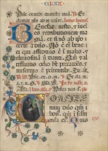 Initial C: Saint Benedict Blessing Maurus; Noted Breviary, about 1420. Creator: Unknown.