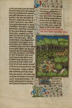 Camouflaged Hunters Preparing to Attack a Deer; Livre de la Chasse, about 1430-1440. Creator: Unknown.