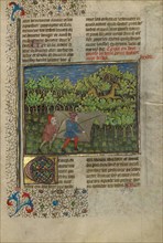 Archers behind a Mock Cow Approaching Deer; The Book of the Hunt, about 1430-1440. Creator: Unknown.