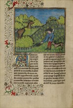 A Hunter and a Dog Examining a Deer's Spoor; Livre de la Chasse, about 1430-1440. Creator: Unknown.