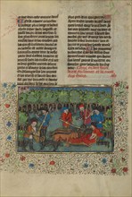 Hunters Feeding a Deer's Remains to Dogs; Livre de la Chasse, about 1430-1440. Creator: Unknown.