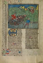 Hunters and Dogs Capturing a Bear; Livre de la Chasse, about 1430-1440. Creator: Unknown.