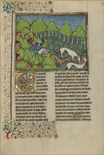 Hunters and Dogs Killing a Wolf; Livre de la Chasse, about 1430-1440. Creator: Unknown.