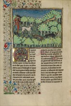 A Hunter and Dogs Pursuing a Fox; Livre de la Chasse, about 1430-1440. Creator: Unknown.