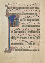 Initial P: Saint Bernard Displaying the Host to William of Aquitaine; Antiphonal, about 1260-1270. Creator: Unknown.