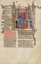 Initial A: Two Men before a King and A Man Speaking to a Family; Vidal Mayor, about 1290-1310. Creators: Unknown, Michael Lupi de Çandiu.