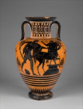 Attic Black-Figure Neck Amphora; Storage Jar with Herakles Threatening..., about 480-470 or 460 B. C Creator: Group of Würzburg 221.