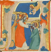 Initial A: Christ Wiping the Tears from the Eyes of the Saved, about 1330-1340. Creator: Master of the Antiphonary of San Giovanni Fuorcivitas.