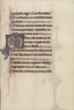 Initial M: A Man Touching a Rock and Pointing; Bute Psalter, text and illumination about 1285. Creator: Bute Master.