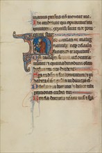 Initial N: A Man Holding a Wheat Sheaf; Bute Psalter, text and illumination about 1285. Creator: Bute Master.