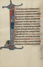 Initial I: David atop a Tower Pointing to Three Demons Below; Bute Psalter, about 1285. Creator: Bute Master.