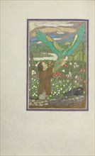 A Hunter Kneeling in a Meadow and Releasing Captive Birds; Story of a Hunter, 1908. Creator: Florence Kingsford Cockerell.