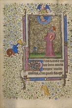 Job Pointing to a Blooming Shrub; Book of Hours, about 1410. Creator: Unknown.