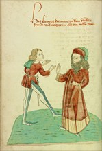 A Young Man Meeting an Older Bearded Man; Barlaam und Josaphat, 1469. Creators: Hans Schilling, Diebolt Lauber.