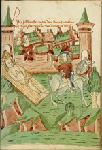 A Naked King, tied to a board, is dragged from the city; Barlaam und Josaphat, 1469. Creators: Hans Schilling, Diebolt Lauber.