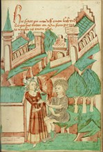 A Young Woman Giving Something to Drink to a Man in Torn Clothing; Barlaam und Josaphat, 1469. Creators: Hans Schilling, Diebolt Lauber.