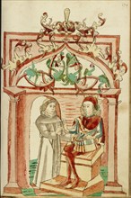 Josaphat Enthroned Speaking to Barlaam Dressed as a Monk; Barlaam und Josaphat, 1469. Creators: Hans Schilling, Diebolt Lauber.