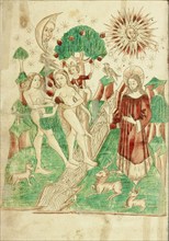 The Garden of Eden and Adam and Eve Eating the Forbidden Fruit; Barlaam und Josaphat, 1469. Creators: Hans Schilling, Diebolt Lauber.