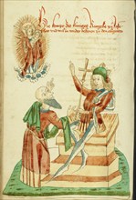 The Counsellor of King Avenir before Josaphat, who Gestures to the Virgin in Heaven, 1469. Creators: Hans Schilling, Diebolt Lauber.