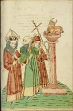 King Avenir, Josaphat, and Nachor Behold the Golden Calf; Barlaam und Josaphat, 1469. Creators: Hans Schilling, Diebolt Lauber.