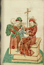 Theodas and Another Man Before the Enthroned Josaphat; Barlaam und Josaphat, 1469. Creators: Hans Schilling, Diebolt Lauber.