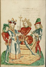 King Avenir Divides his Kingdom with Josaphat; Barlaam und Josaphat, 1469. Creators: Hans Schilling, Diebolt Lauber.