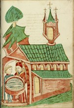 Josaphat and a Priest near a Church Baptismal Font; Barlaam und Josaphat, 1469. Creators: Hans Schilling, Diebolt Lauber.