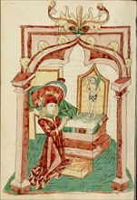 Josaphat Kneels before an Altar with the Man of Sorrows; Barlaam und Josaphat, 1469. Creators: Hans Schilling, Diebolt Lauber.