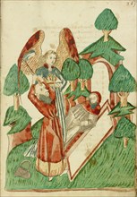 Josaphat buries Barlaam, while an Angel Holds his Crown; Barlaam und Josaphat, 1469. Creators: Hans Schilling, Diebolt Lauber.