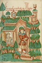 Barlaam Leaving the Hermitage; Barlaam und Josaphat, 1469. Creators: Hans Schilling, Diebolt Lauber.