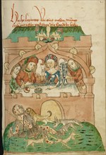 The Banquet of the Rich Man with Lazarus Outside Attacked by Dogs; Barlaam und Josaphat, 1469. Creators: Hans Schilling, Diebolt Lauber.