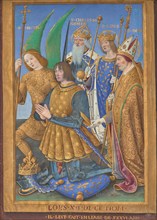 Louis XII of France Kneeling in Prayer, Accompanied by Saints Michael, Charlemagne..., 1498/1499. Creator: Jean Bourdichon.