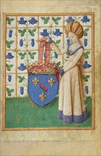 Coat of Arms Held by a Woman; Hours of Simon de Varie, 1455. Creator: Jean Fouquet.