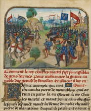 The Armies of France and Burgundy with Martel in Prayer, written 1463-1465; illuminated 1467-1472. Creators: Loyset Liedet, Pol Fruit.