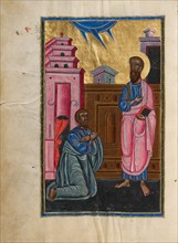 Saint Paul and Sergius, Roman Proconsul in Cyprus; Bible, 1637-1638. Creators: Malnazar, Aghap'ir.