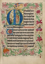 Initial M: A Kneeling Woman in Prayer; Book of Hours, Use of Utrecht, about 1460. Creator: Master of Evert Zoudenbalch.